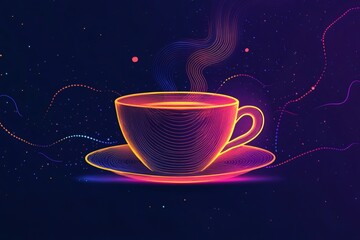 Aufkleber - Steaming cup of coffee with swirling neon lines on dark background