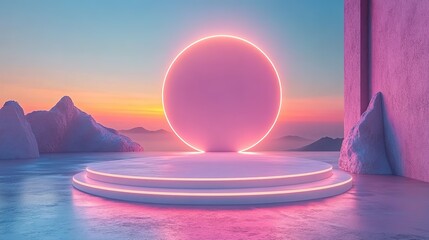 Poster - A futuristic 3D podium with a glowing circular design serves as a high-tech stage for a product display in a modern studio setting, HD image