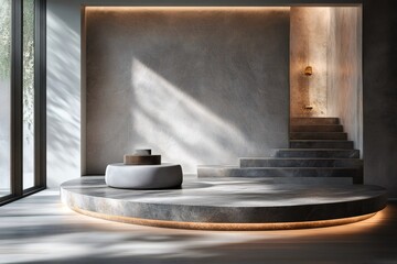 Poster - Modern minimalist interior design with sunlight illuminating podium and staircase