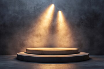 Aufkleber - Two spotlights illuminating empty round pedestal on concrete stage