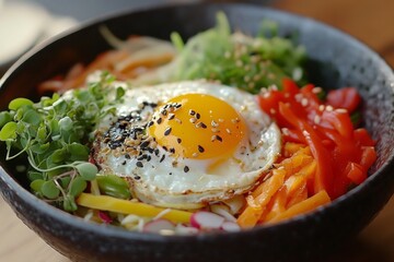 Wall Mural - Delicious bibimbap bowl with fried egg and sesame seeds is ready to be eaten