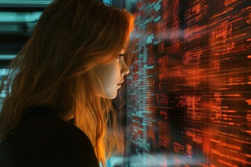 Poster - Young woman observing digital data display in a high-tech environment