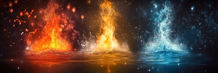 Poster - Stunning Visual Representation of the Five Fundamental Elements Featuring Fire, Earth, Water, and Air in a Vibrant Background