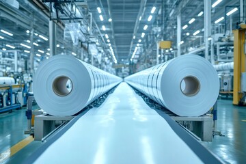 Aufkleber - Paper rolls moving on conveyor belt in factory