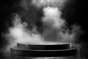 Aufkleber - Empty round podium with smoke illuminated by spotlight in dark studio