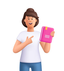 Young smiling woman Jane pointing at book and holding book. Study, education, back to school, knowledge concept. 3d vector people character. Cartoon minimal style.