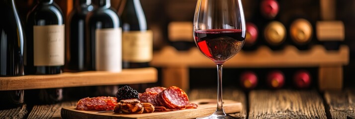 Aufkleber - Elegant wine cellar featuring vintage bottles, tasting table, red wine glass, and charcuterie board. Generative AI