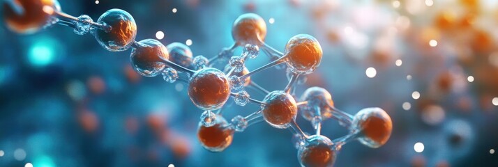 Poster - detailed illustration of molecular structure with glowing atoms and connected bonds on a colorful ba