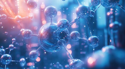 Fototapete - detailed illustration of abstract molecular structure featuring blue and orange color palette with g