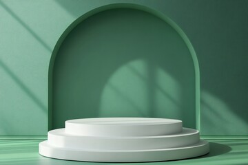 Poster - White round empty podium on green background with arch and window light creating shadows