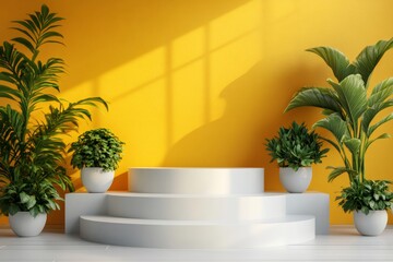 Poster - Sunlight illuminating white round pedestal for product displaying with potted plants on yellow wall