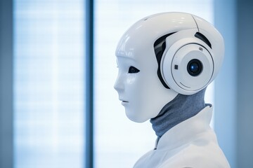 Poster - Futuristic robot with advanced features in a modern tech environment