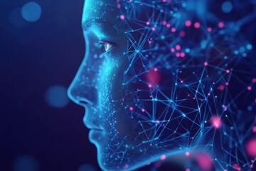 Poster - Artificial intelligence face with glowing neural network connections in dark background