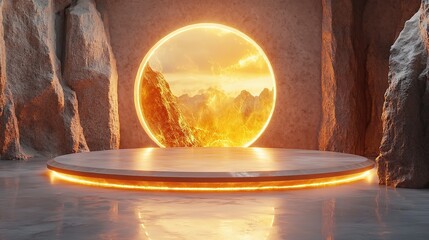 Poster - A futuristic 3D podium with a glowing circular design serves as a high-tech stage for a product display in a modern studio setting, HD image
