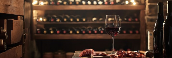 Poster - Elegant wine cellar showcasing vintage bottles and a tasting table with red wine and charcuterie board. Generative AI