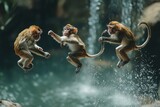 Family of playful monkeys jumping near a beautiful waterfall in a serene environment