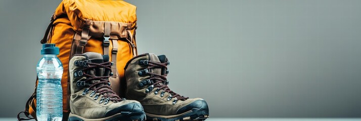 Poster - Essential hiking gear with space for text in a versatile design layout for outdoor enthusiasts. Generative AI