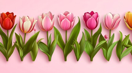 Poster - Colorful tulips arranged in a row on a soft pink background highlighting spring beauty