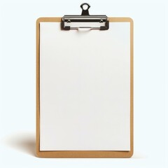 Poster - Wooden clipboard holding blank white sheet of paper, providing copy space against a clean white backdrop