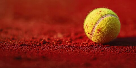 Tennis ball is sitting on a red surface