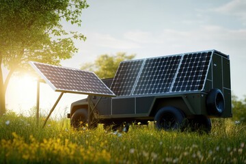 Wall Mural - Solar-powered vehicle parked in a vibrant field during sunset near a solar panel array