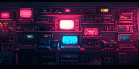 Aufkleber - Neon Glow Retro Gaming Room with Vintage Consoles and Pixel Art Screens