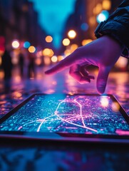 Poster - Futuristic Travel Planning Holographic Map with Glowing Routes on Tablet at Night