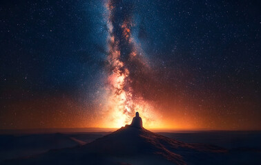 Wall Mural - stunning view of the milky way galaxy over a barren desert landscape at night, with thousands of bri