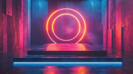 Poster - A futuristic 3D podium with a glowing circular design serves as a high-tech stage for a product display in a modern studio setting, HD image