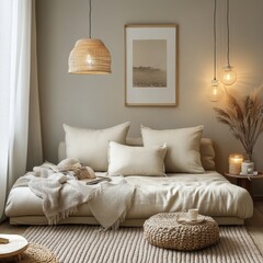 Aufkleber - Minimalist Living Room with Cozy Textiles and Neutral Tones