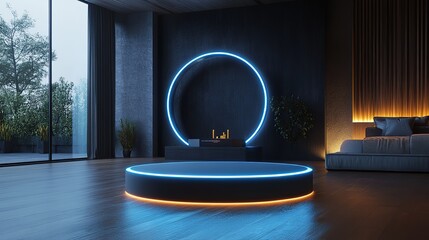 Poster - A futuristic 3D podium with a glowing circular design serves as a high-tech stage for a product display in a modern studio setting, HD image