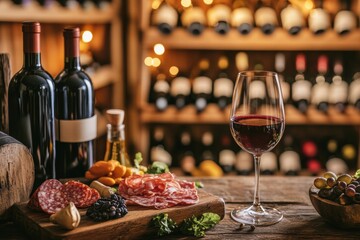 Poster - Elegant wine cellar featuring vintage bottles, tasting table with red wine and gourmet charcuterie board ready for enjoyment. Generative AI