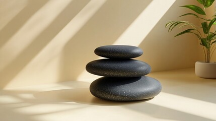 Wall Mural - Stacked smooth stones with natural sunlight and greenery in a serene indoor setting