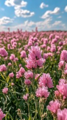 Wall Mural - vibrant pink flowers bloom under a bright blue sky with fluffy white clouds in a sunny field