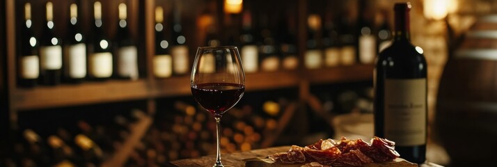Poster - Elegant wine cellar featuring vintage bottles and a tasting setup with red wine and charcuterie. Generative AI