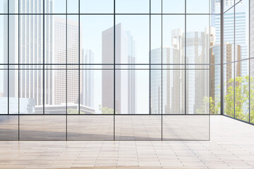 Poster - Spacious open room with large glass walls and a view of a modern cityscape in daylight. 3D Rendering
