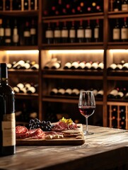 Poster - Elegant wine cellar featuring vintage bottles and a tasting table with red wine and a charcuterie board. Generative AI