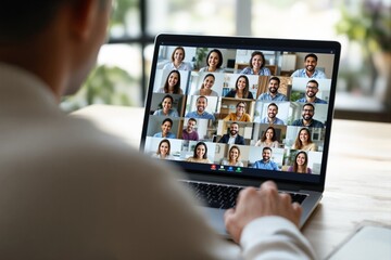 Aufkleber - Man using laptop with video conference showing multiple smiling participants on screen in bright room.