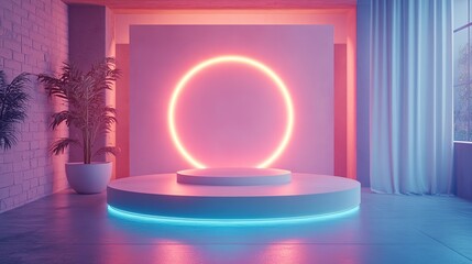 Poster - A futuristic 3D podium with a glowing circular design serves as a high-tech stage for a product display in a modern studio setting, HD image