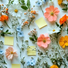 Canvas Print - Vibrant Spring Floral Arrangement with Sticky Notes on White Background