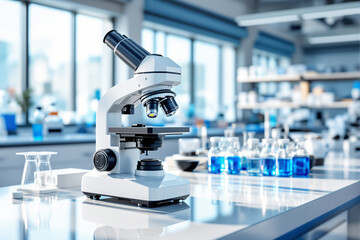 Poster - Laboratory microscope on table in a modern lab environment with glassware and blue liquids.