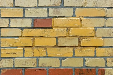 Poster - detailed close-up of a colorful brick wall featuring yellow, red, and cream colors with textured sur