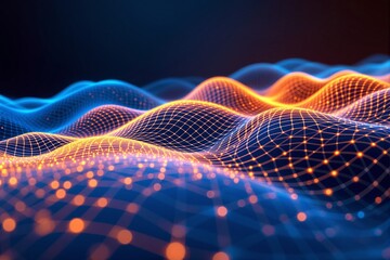 Aufkleber - Abstract glowing wave grid with blue and orange lights on a dark background.