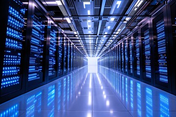 Poster - Brightly lit data center corridor with glowing server racks and reflective polished floor.