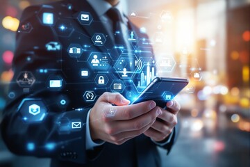 Aufkleber - Businessman holding smartphone with digital icons and holograms in glowing light background. Concept of technology and innovation.