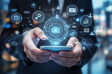 Poster - Hands holding smartphone with glowing digital icons representing network, technology, and communication on blurred background.