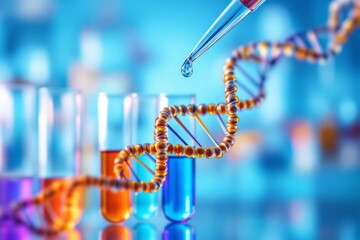 Aufkleber - DNA strand and pipette with liquid drop over colorful test tubes on blue background. Concept of genetics, research, and biotechnology.
