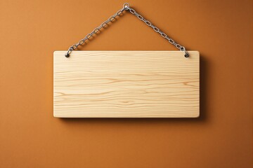 Aufkleber - Wooden rectangular hanging signboard with metallic chain on a brown background.
