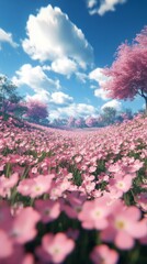 Wall Mural - vibrant pink flowers bloom under a bright blue sky with fluffy white clouds in a sunny field