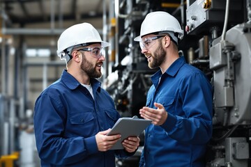 Aufkleber - Industrial workers discussing with safety equipment in a factory setting.